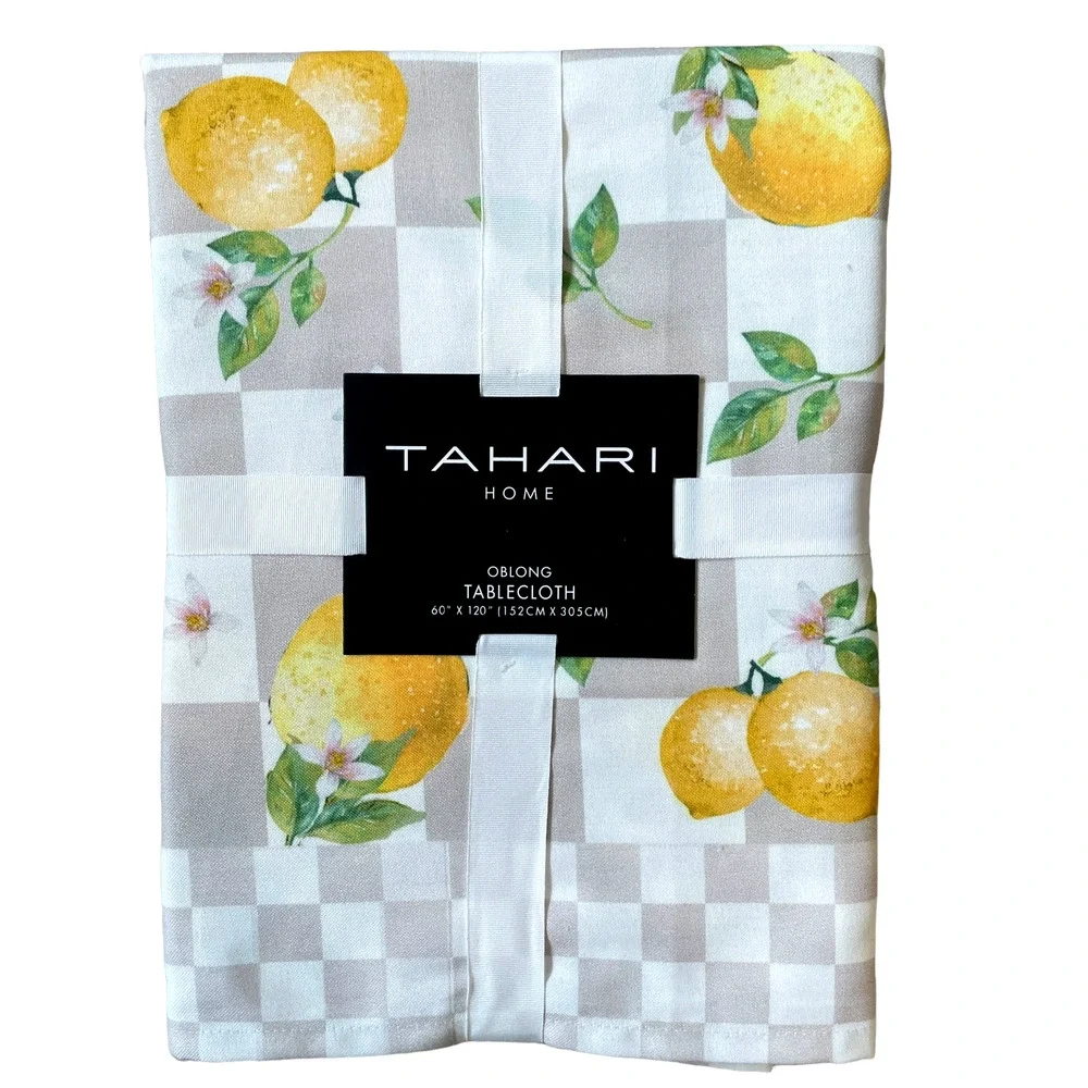 TAHARI Checkered Summer Lemons Tablecloth 60x120 Beige & White NEW